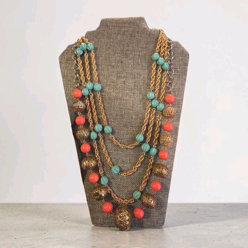 Pair Of Designer Vintage Necklaces By NAPIER and RJ Graziola In Coral Turquoise